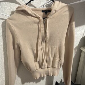 Beige Hooded Zip-Up Sweater